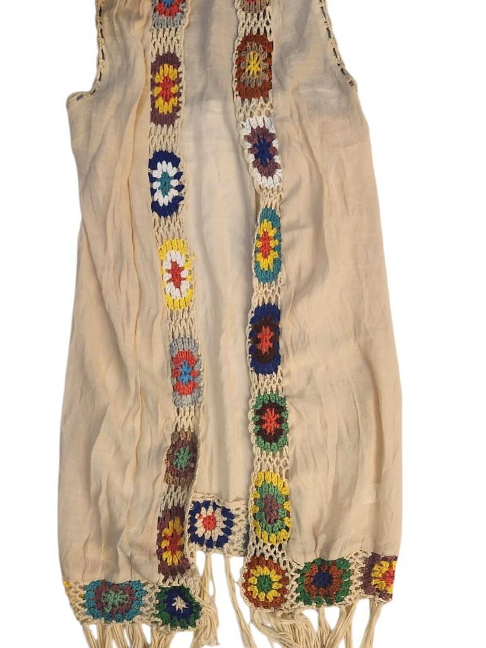 Roommates Crochet Vest with Fringe Size L Beige Flowers Long Sleeveless